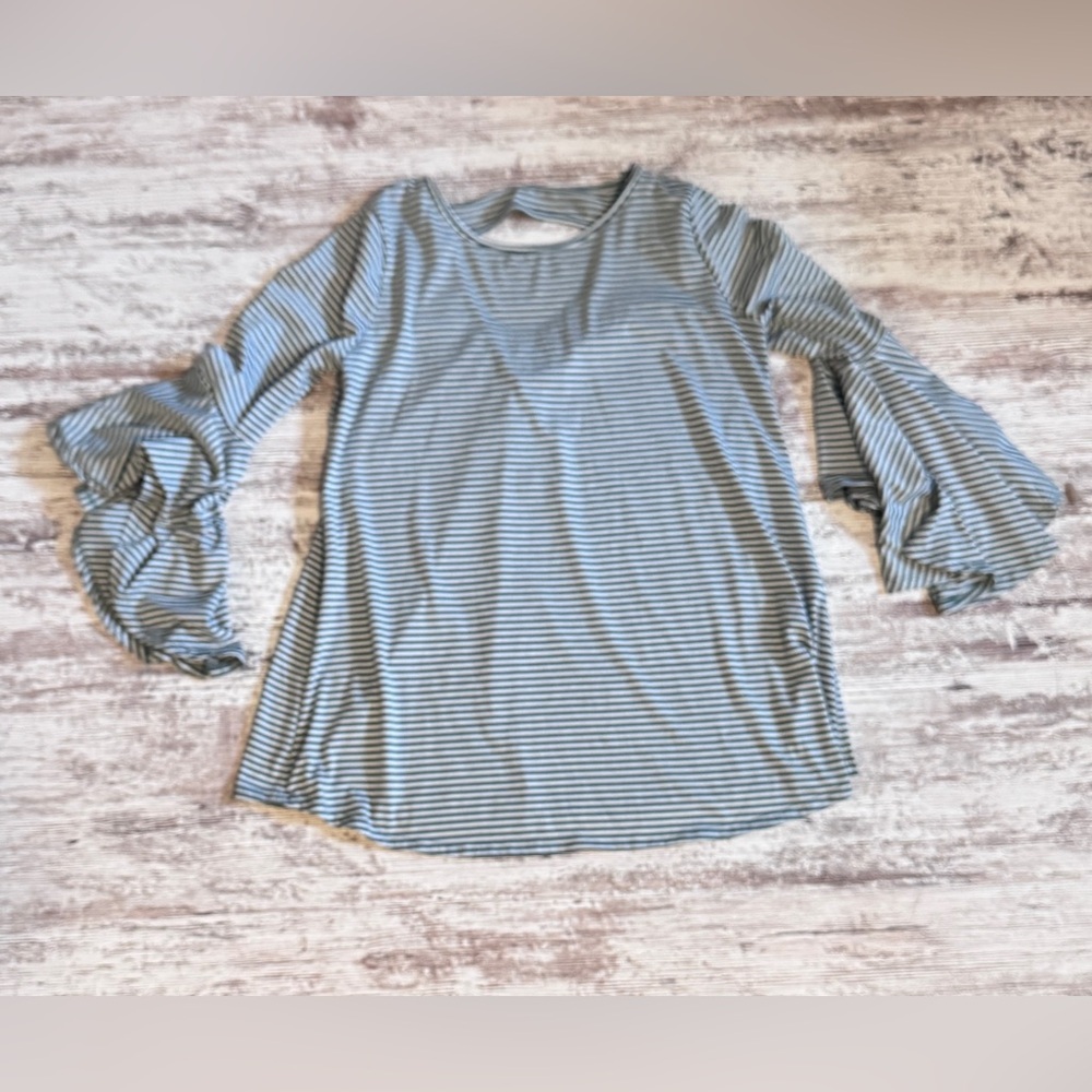 MTS Striped Ruffle Sleeve‎ Top green & white women’s size Large